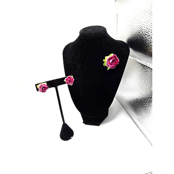 Rare Condition Bone China Rose Brooch Pin and Earrings Made in England Antique - Picture 6 of 10